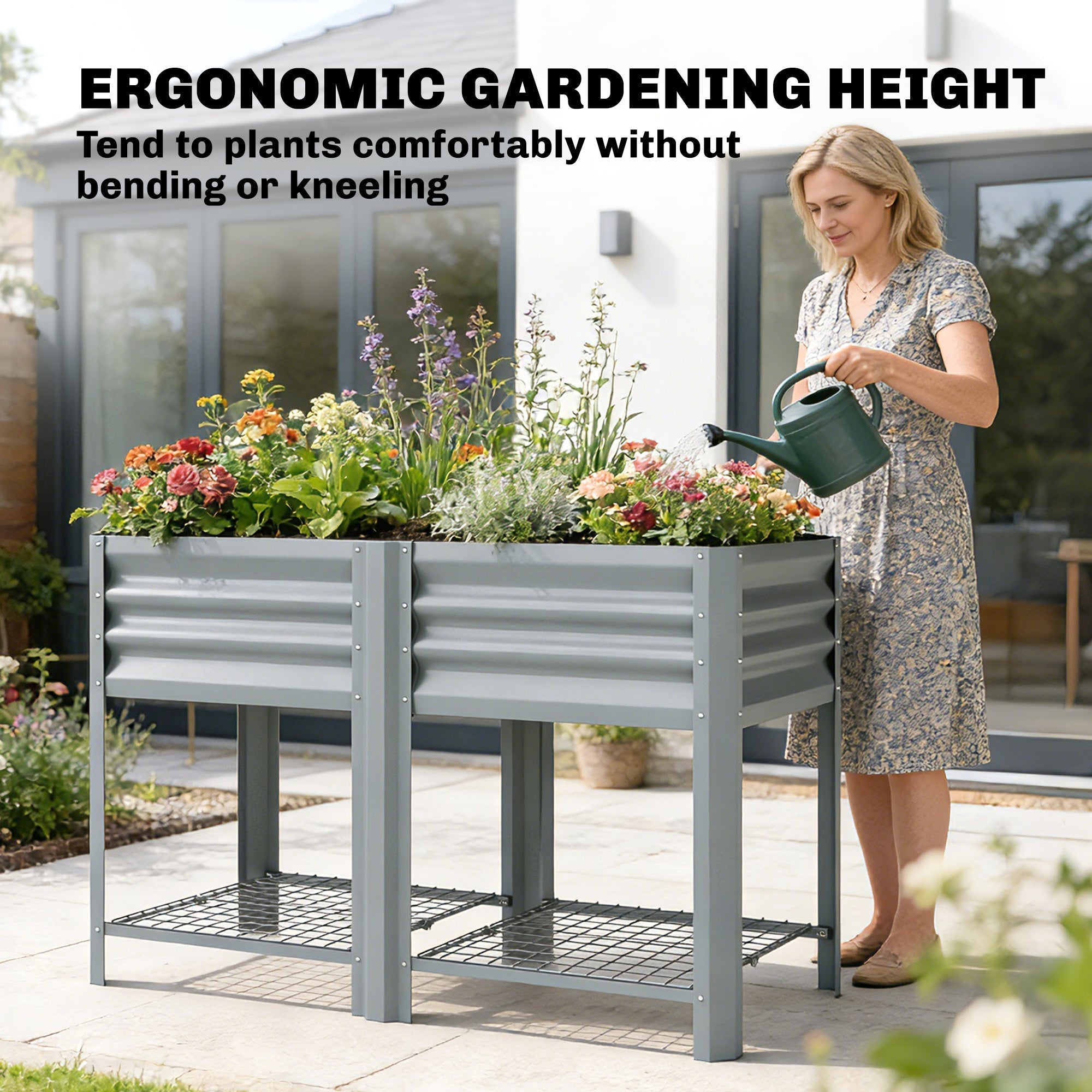 Gray corrugated metal outsunny raised planter with wire mesh shelves and legs for outdoor vegetables and flowers