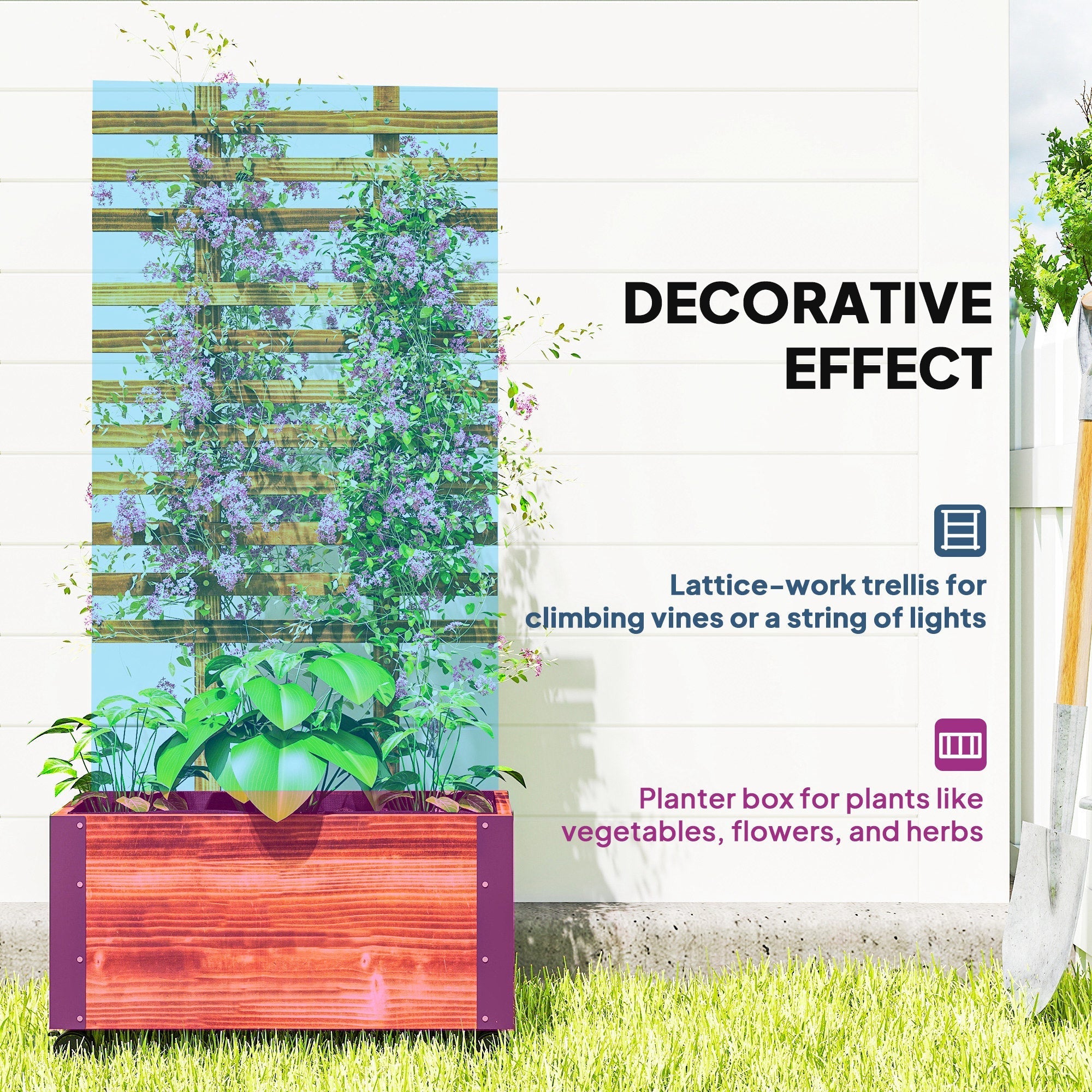 Outsunny raised garden bed with metal corners and wheels featuring a rectangular carbonised solid wood planter box with purple accents and slatted trellis