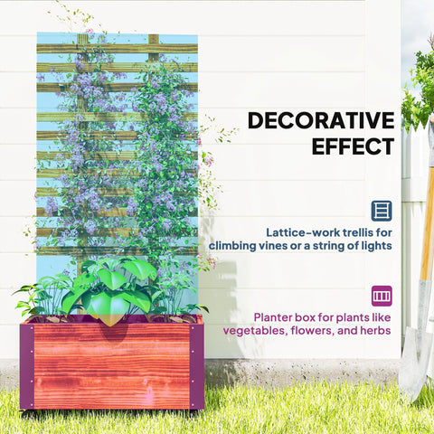 Outsunny raised garden bed with metal corners and wheels featuring a rectangular carbonised solid wood planter box with purple accents and slatted trellis