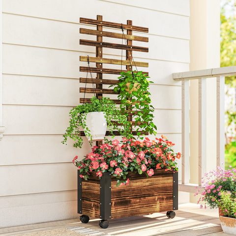 Outsunny raised garden bed with carbonised solid wood, black metal corners, wheels, and hanging planters above