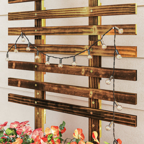 Dark brown carbonised solid wood raised garden bed with metal corners trellis and string lights for outdoor planting