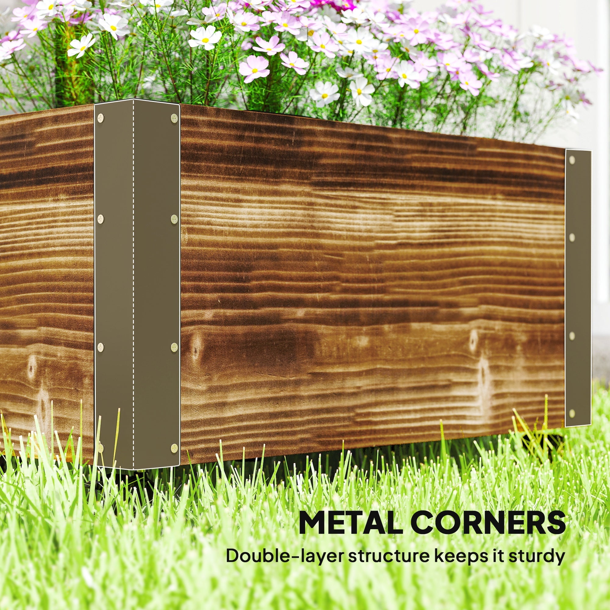 Brown wooden outsunny raised garden bed with metal corners made of carbonised solid wood and wheels for easy moving