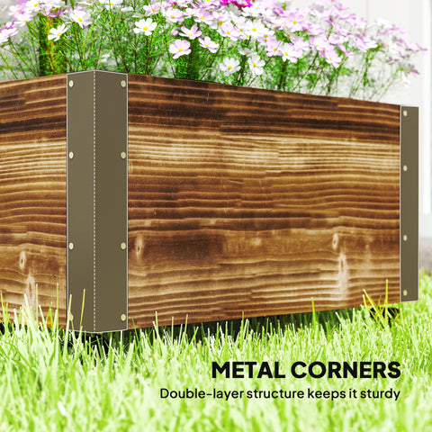 Brown wooden outsunny raised garden bed with metal corners made of carbonised solid wood and wheels for easy moving