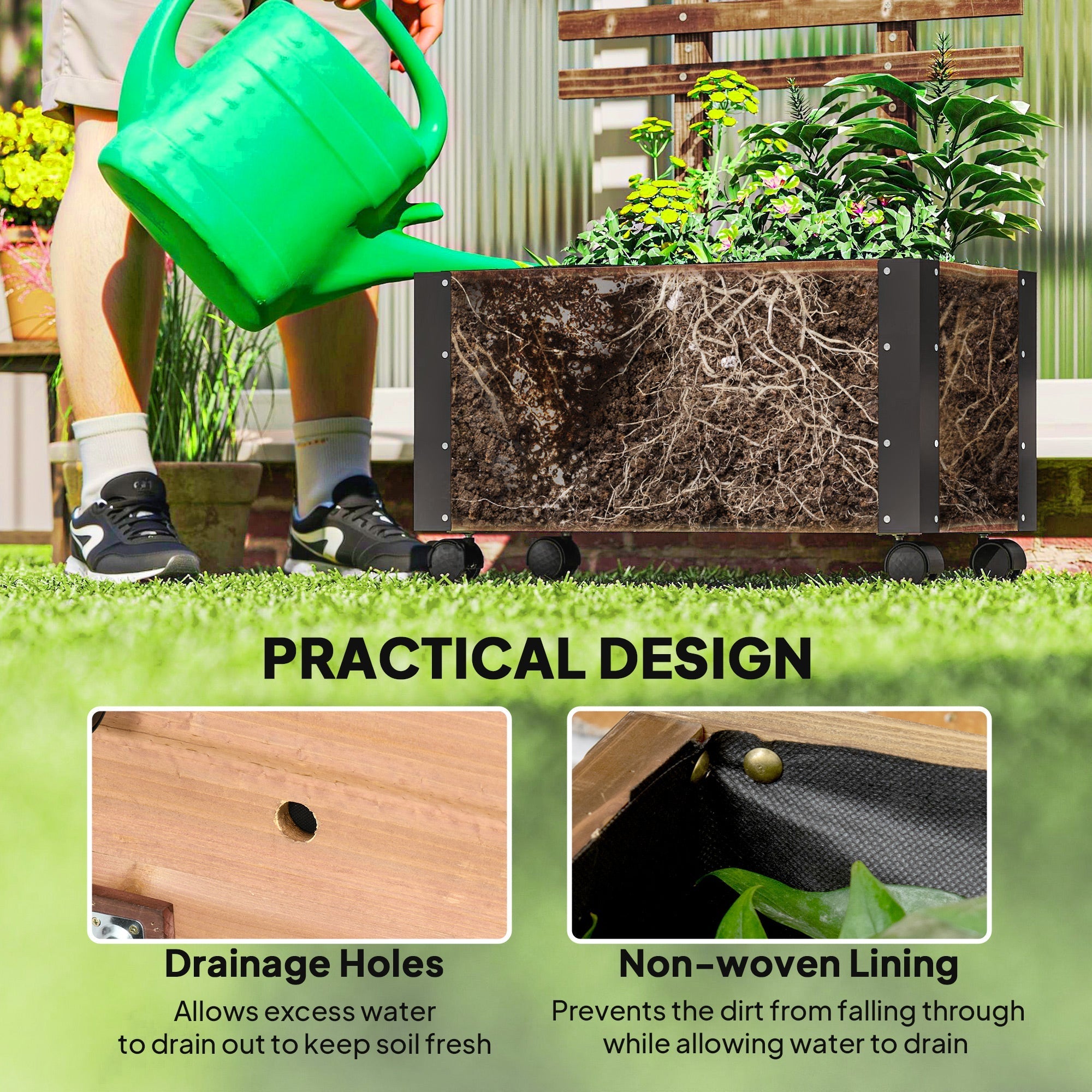 Green plastic watering can with handle and spout next to outsunny raised garden bed with metal corners and carbonised solid wood