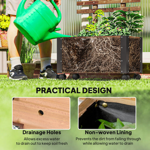 Green plastic watering can with handle and spout next to outsunny raised garden bed with metal corners and carbonised solid wood