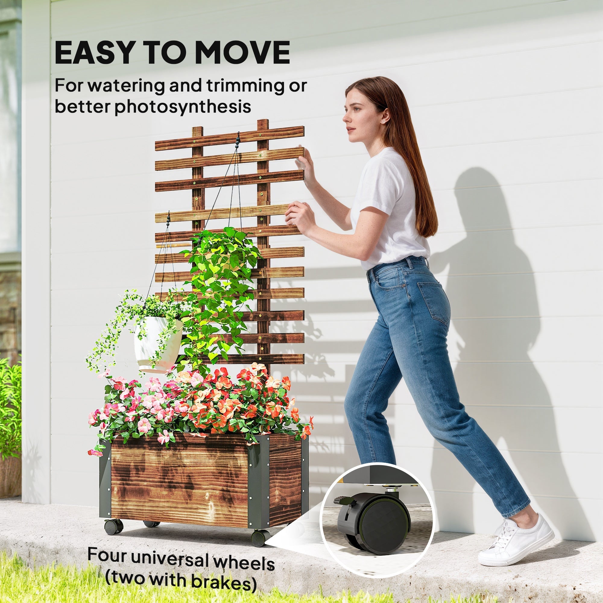 Outsunny raised garden bed made of carbonised solid wood with metal corners and wheels for easy outdoor gardening