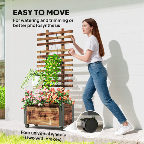 Outsunny raised garden bed made of carbonised solid wood with metal corners and wheels for easy outdoor gardening