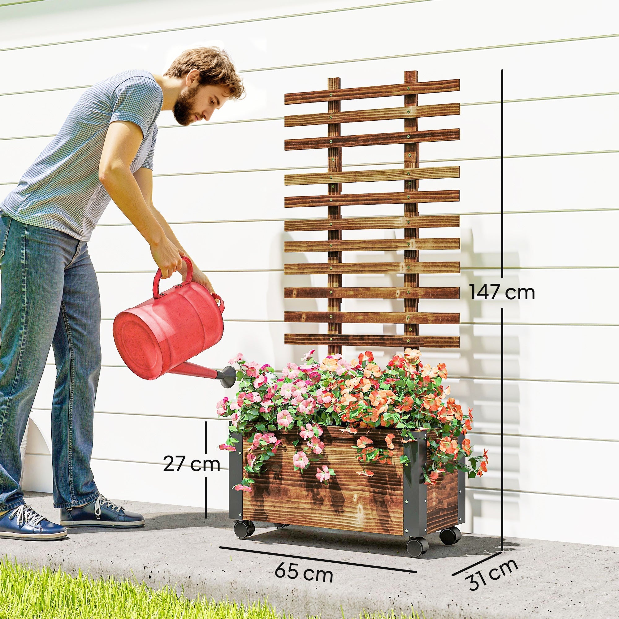 Outsunny raised garden bed with carbonised solid wood, metal corners, black wheels, and matching trellis filled with flowers