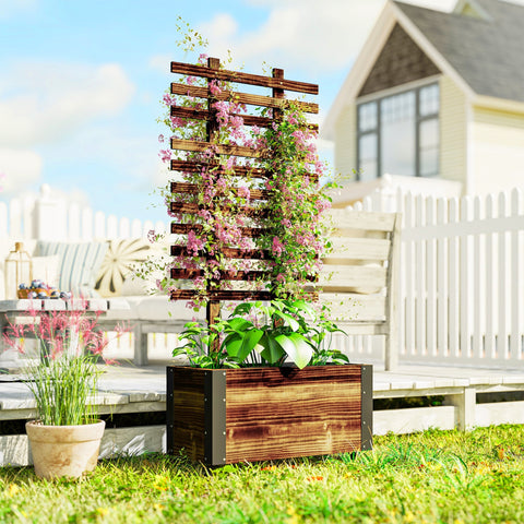 Rustic dark brown carbonised solid wood raised garden bed with matching trellis metal corners and wheels by outsunny
