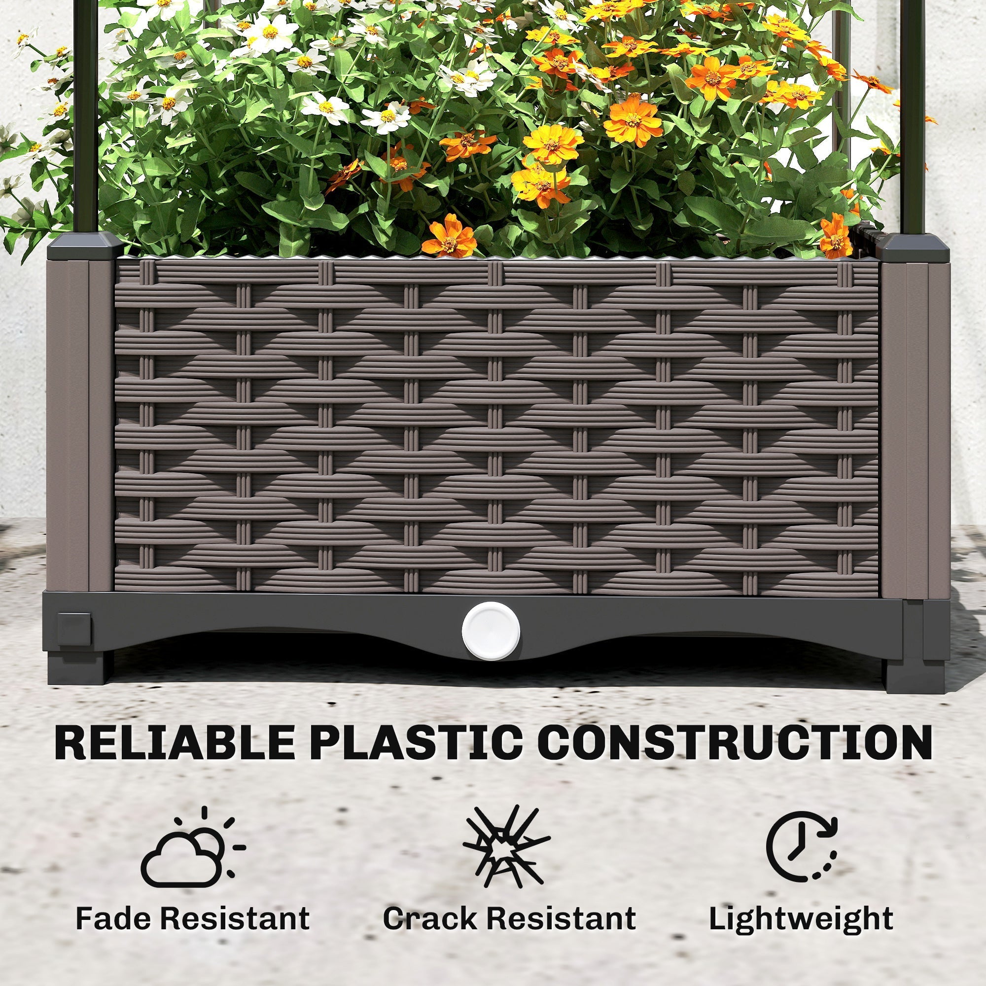 Brown woven plastic planter with wicker texture and reinforced corners in outsunny raised garden bed for planting