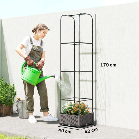 Black metal garden trellis with woven brown plastic base and four shelves in a 179 cm tall outsunny raised garden bed