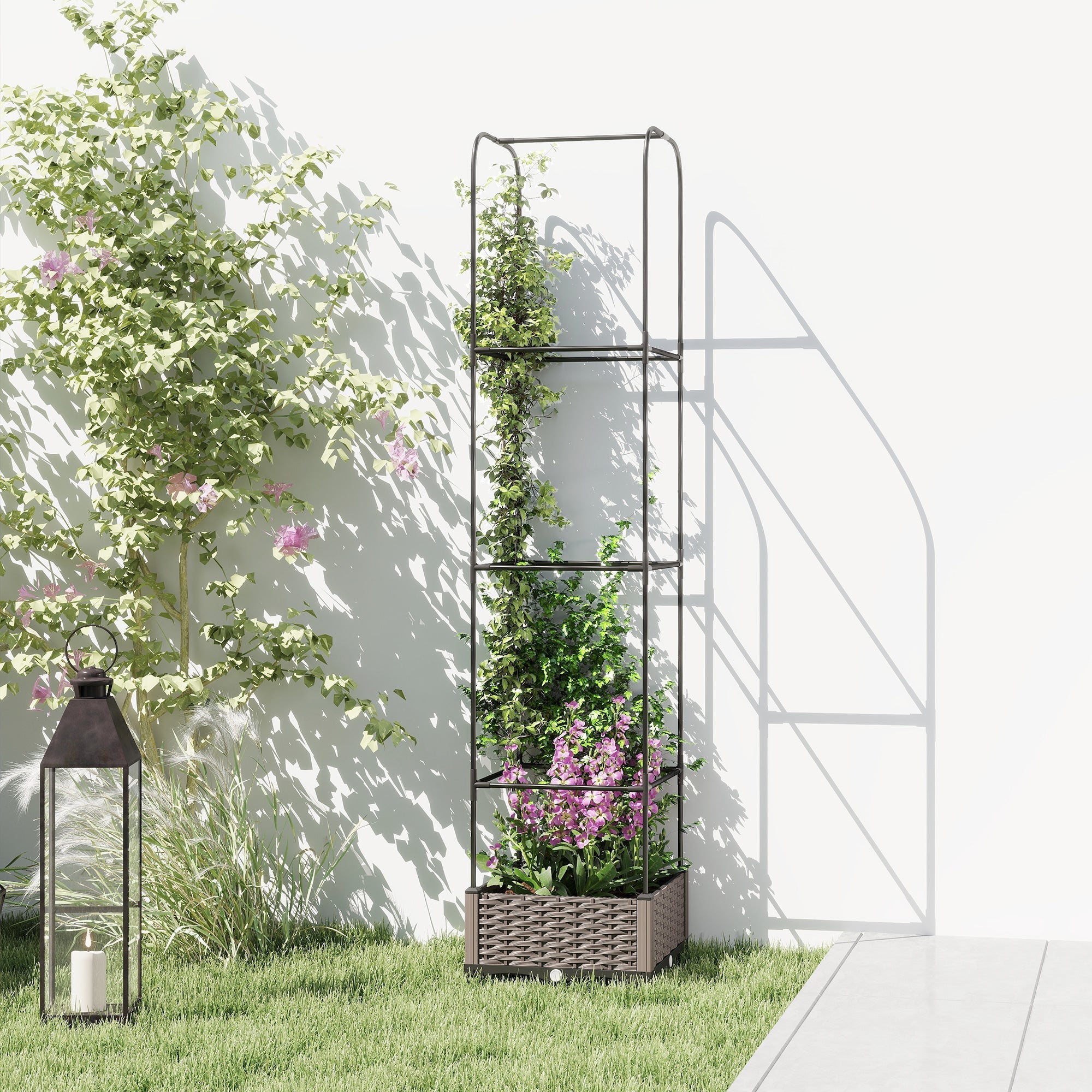 Outsunny raised garden bed with tall black metal trellis and woven brown base supporting green vines and purple flowers