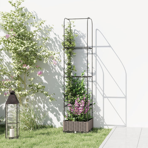 Outsunny raised garden bed with tall black metal trellis and woven brown base supporting green vines and purple flowers