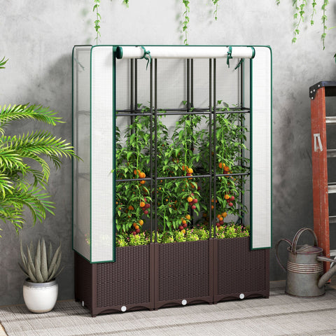Outsunny Raised Garden Bed with Trellis, Plastic Planter Box with Drainage Holes and Drain Plugs for Climbing Plants, Vegetables, Flowers, 120 x 40 x 140 cm