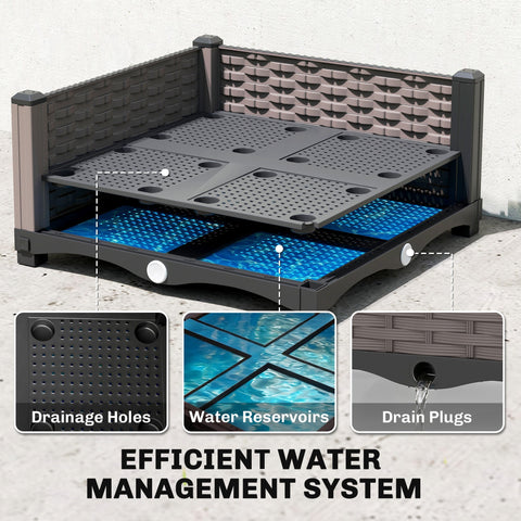 Black plastic raised garden bed with textured walls, perforated top panel, and blue water reservoirs underneath