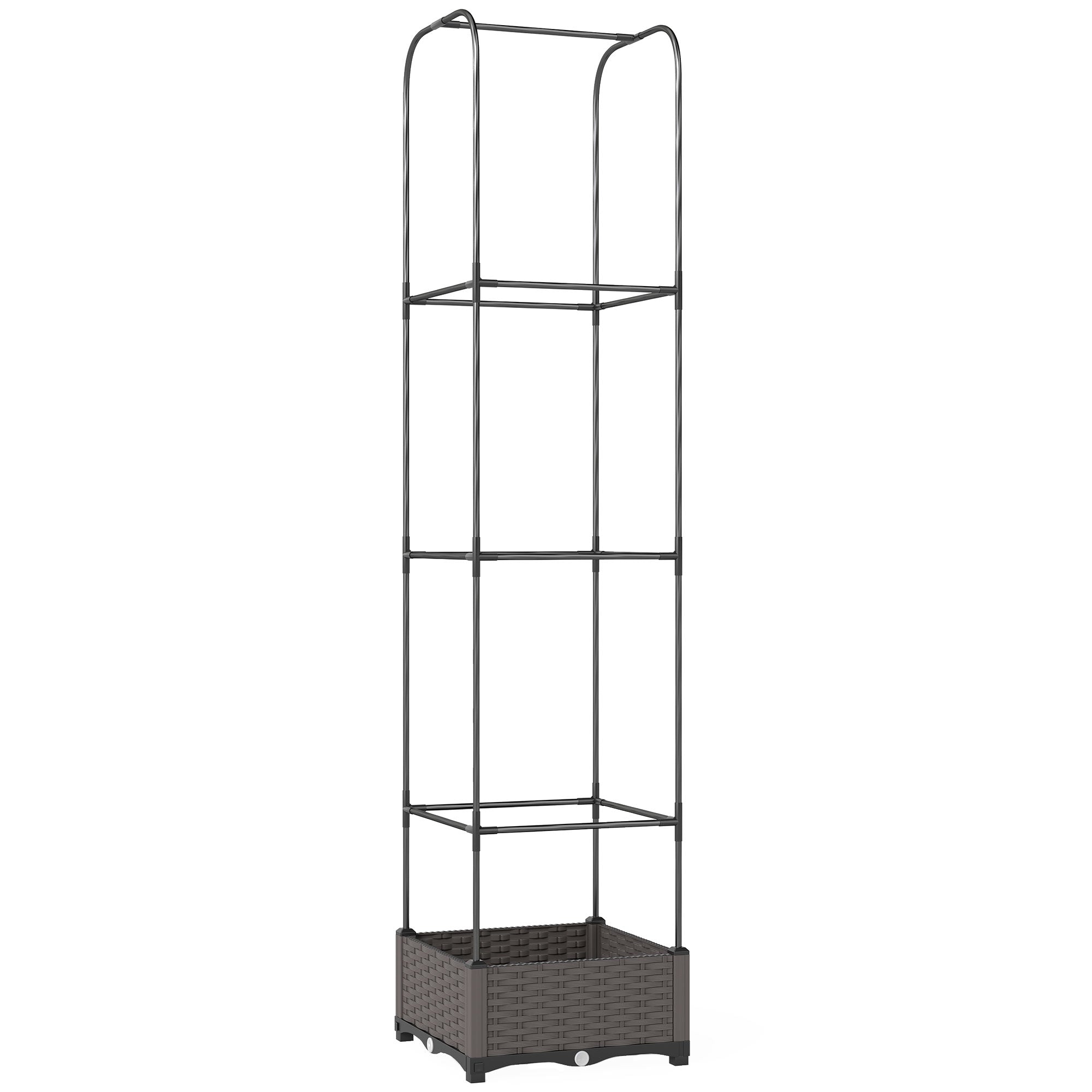 Dark gray wicker stand with three tiers and woven base for organizing plants beside raised garden bed setup