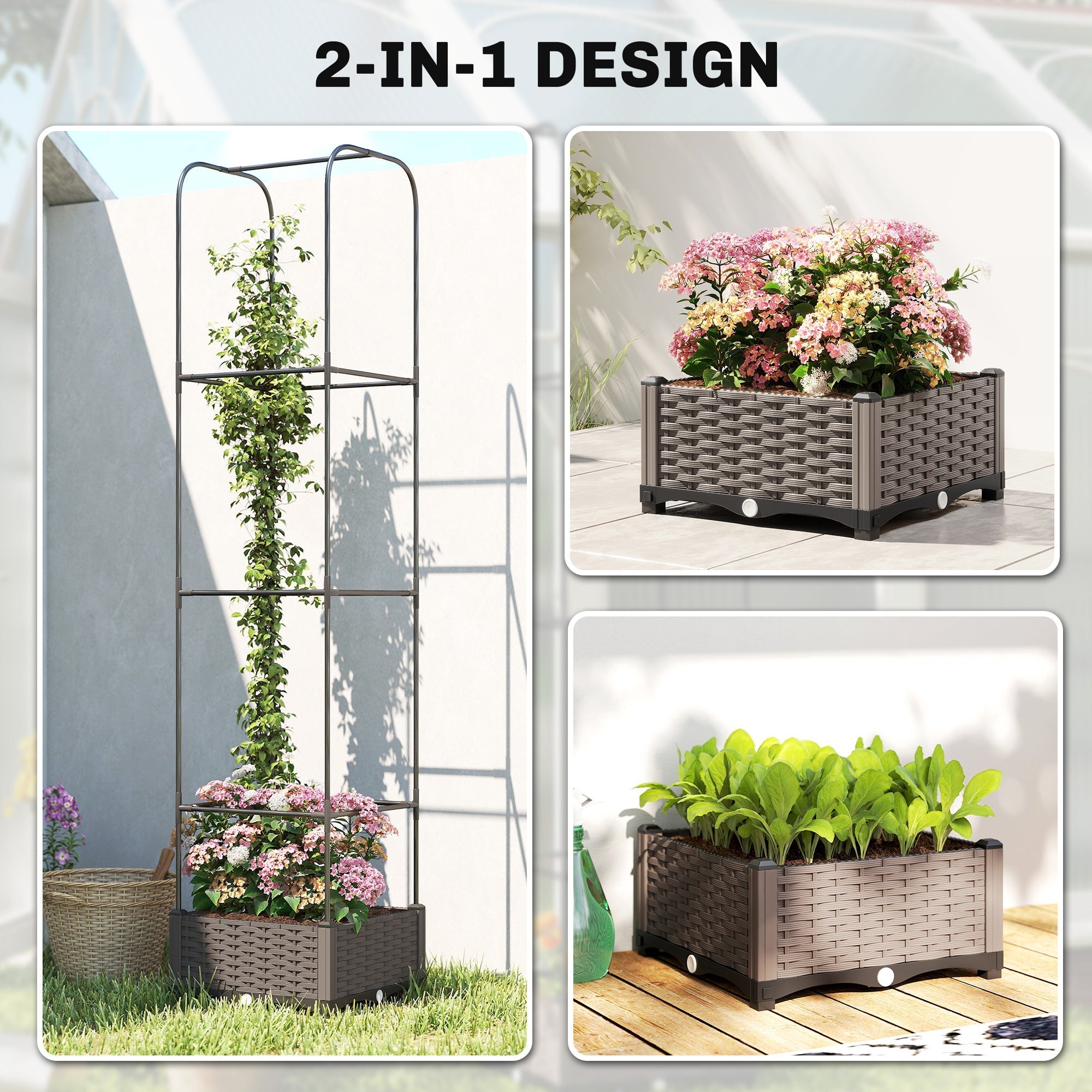 Gray woven plastic raised garden bed with matching metal trellis frame and drainage features by Outsunny