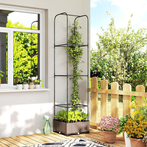 Black metal garden trellis with woven wicker base and tiered shelves in an outsunny raised garden bed planter