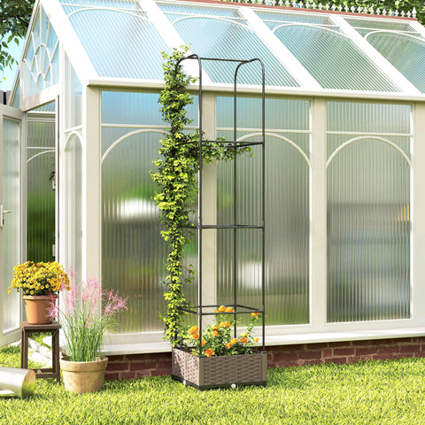 Outsunny raised garden bed with black metal trellis, woven wicker base, and green climbing vines in a raised garden setup