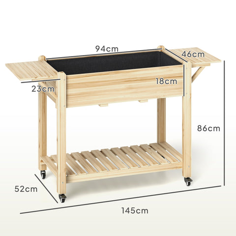 Outsunny Raised Garden Bed, Wooden Elevated Planter Box with Lockable Wheels, Side Tables and Bottom Shelf, Outdoor Planter with Liner and Drainage Holes for Vegetables, Flowers, Fruits, Natural