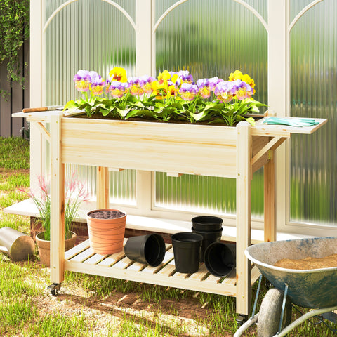 Outsunny Raised Garden Bed, Wooden Elevated Planter Box with Lockable Wheels, Side Tables and Bottom Shelf, Outdoor Planter with Liner and Drainage Holes for Vegetables, Flowers, Fruits, Natural
