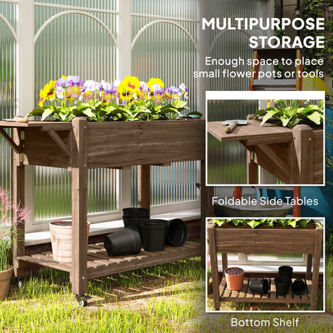Outsunny Raised Garden Bed, Wooden Elevated Planter Box with Lockable Wheels, Side Tables and Bottom Shelf, Outdoor Planter with Liner and Drainage Holes for Vegetables, Flowers, Fruits, Carbonised