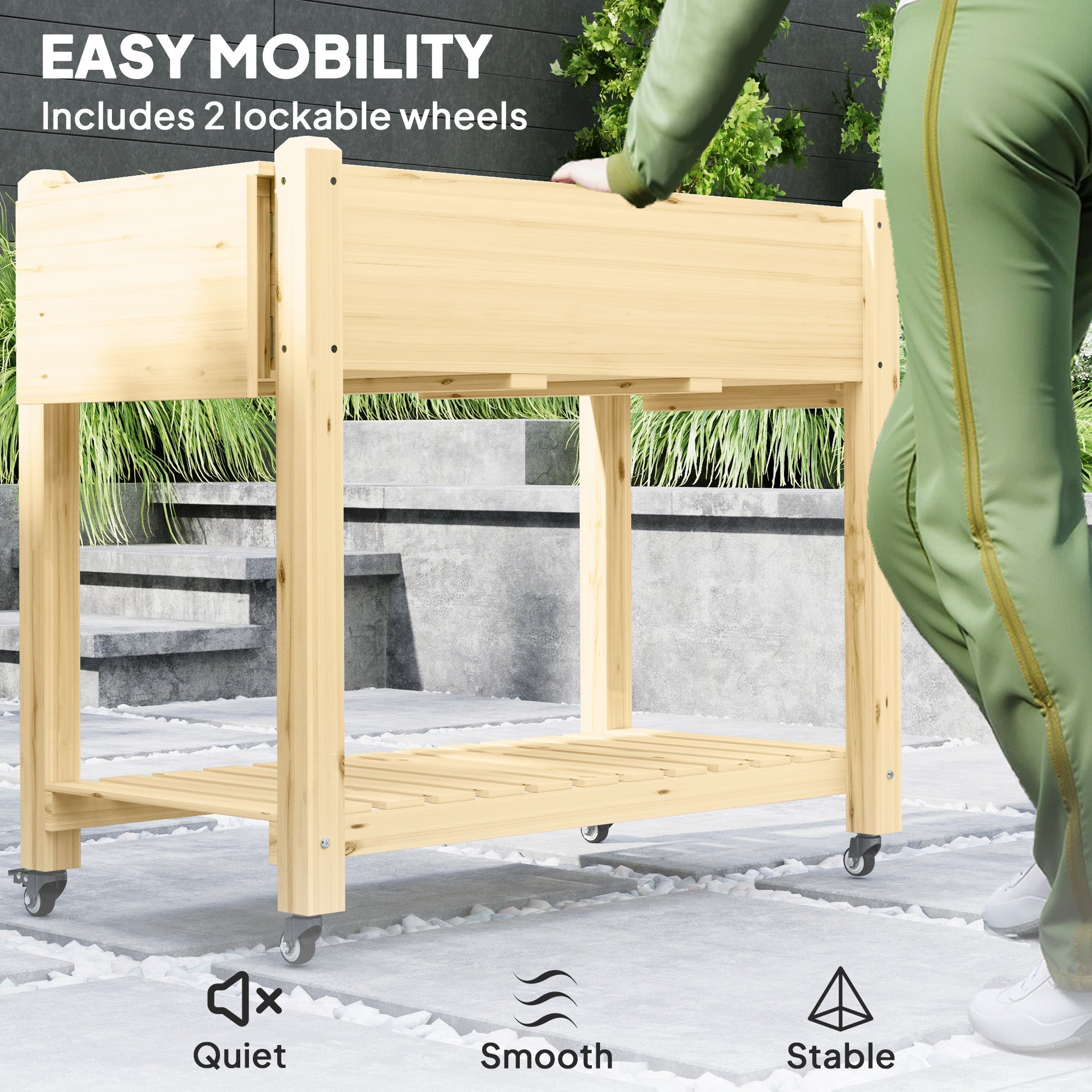 Outsunny Raised Garden Bed, Wooden Elevated Planter Box with Lockable Wheels, Side Tables and Bottom Shelf, Outdoor Planter with Liner and Drainage Holes for Vegetables, Flowers, Fruits, Natural