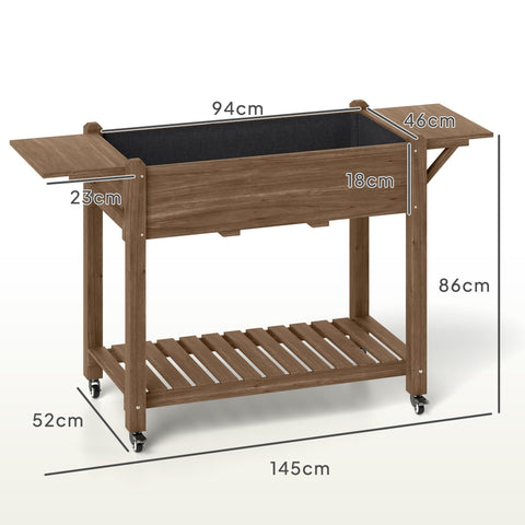 Outsunny Raised Garden Bed, Wooden Elevated Planter Box with Lockable Wheels, Side Tables and Bottom Shelf, Outdoor Planter with Liner and Drainage Holes for Vegetables, Flowers, Fruits, Carbonised