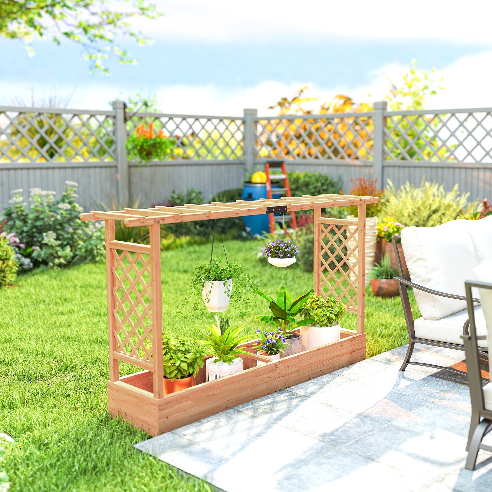 Outsunny light brown fir wood garden bed with lattice trellis, built-in planter box for hanging baskets and drainage holes