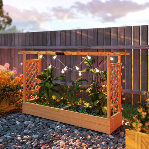 Outsunny fir wood garden bed with lighted wooden trellis lattice sides and hanging baskets raised planter box