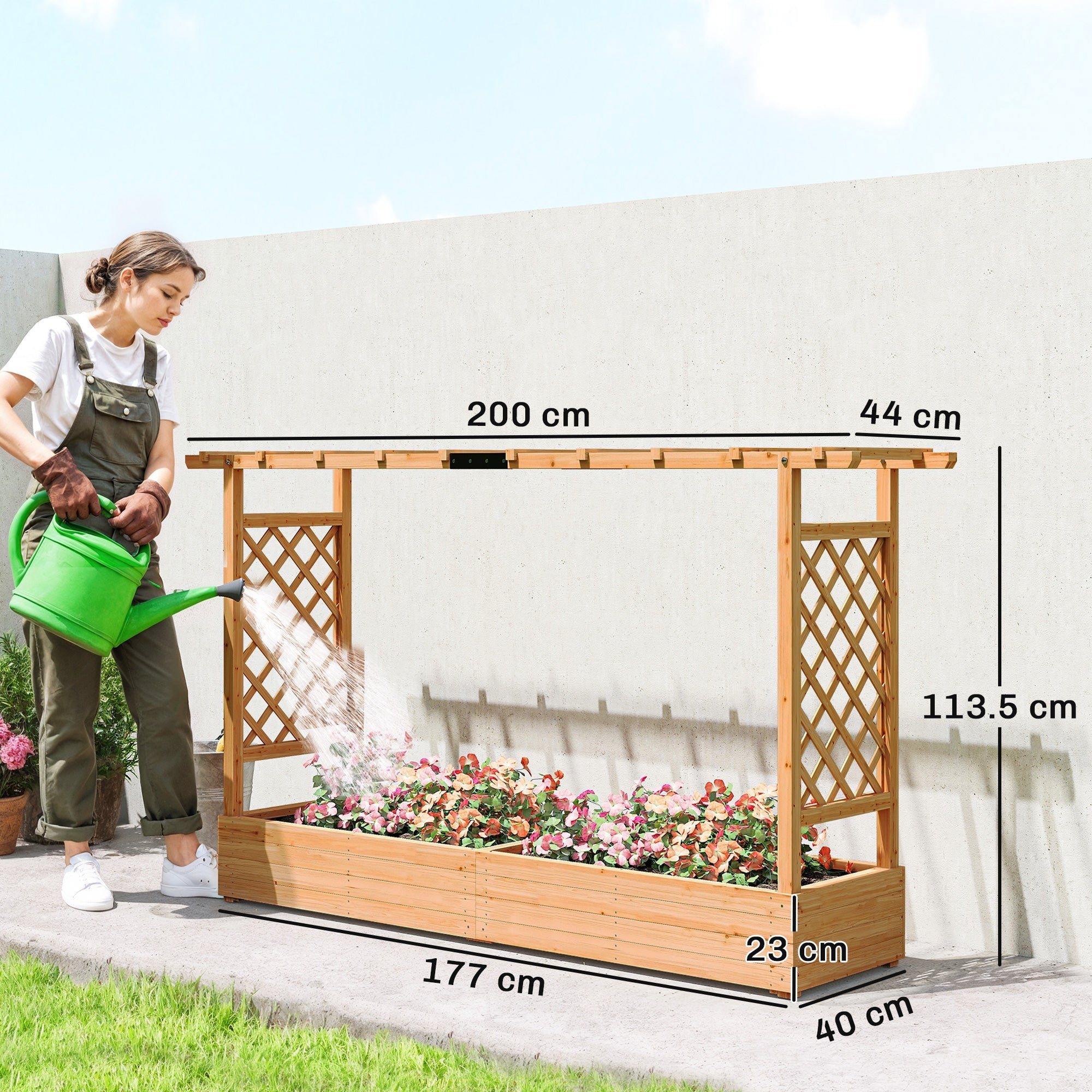 Outsunny light brown fir wood garden bed with lattice trellis and raised planter box filled with pink flowers and hanging baskets