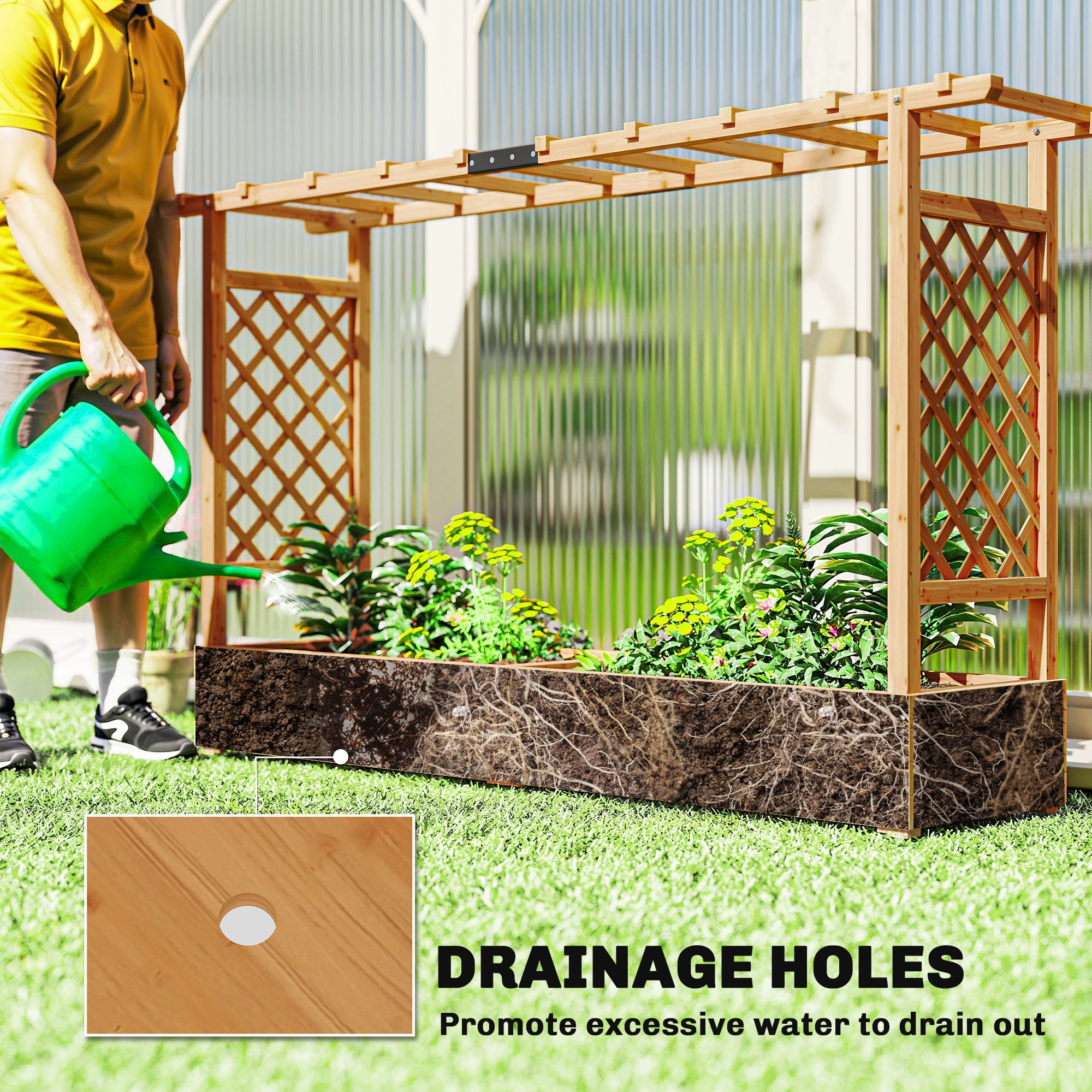 Outsunny raised planter with trellis wooden garden bed in fir wood with dark brown base perfect for hanging baskets