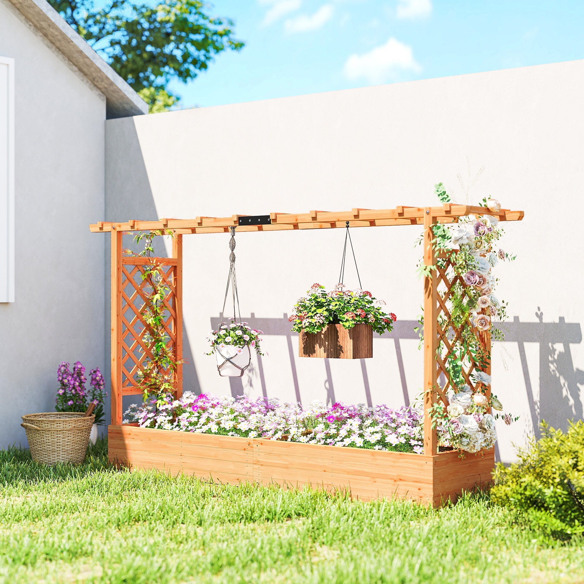 Light brown fir wood garden bed arbor with lattice sides planter box and hanging baskets for outdoor use