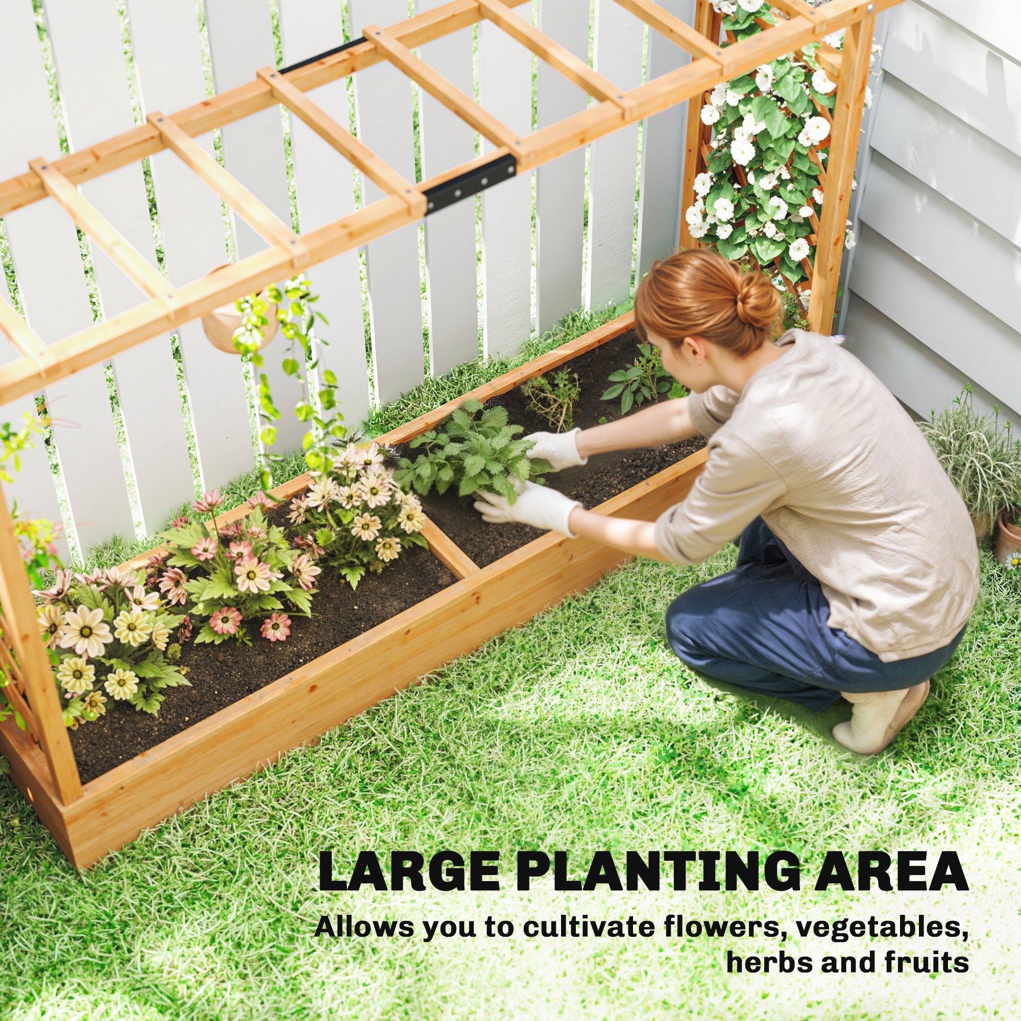 Outsunny wooden garden bed made of fir wood with trellis and hanging baskets designed for outdoor planting sections