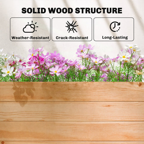Outsunny raised planter with trellis made of fir wood featuring hanging baskets in a light garden bed with pink and white flowers