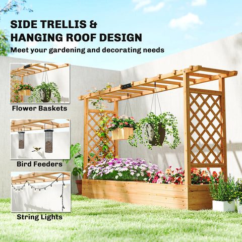 Outsunny light brown fir wood garden bed with lattice trellis and hanging baskets for outdoor planter use