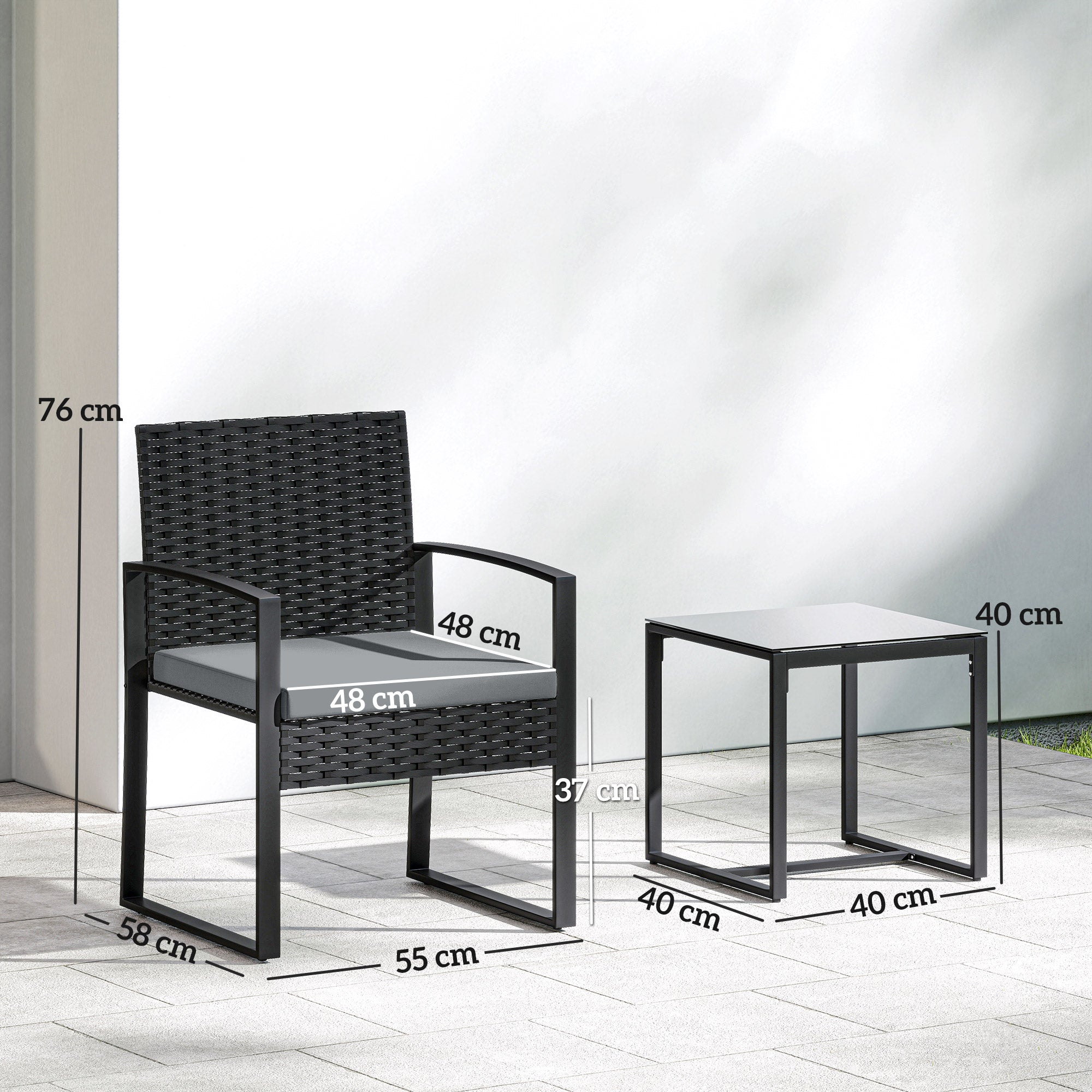 Black wicker armchair with gray cushion and metal frame from outsunny rattan bistro set for garden use