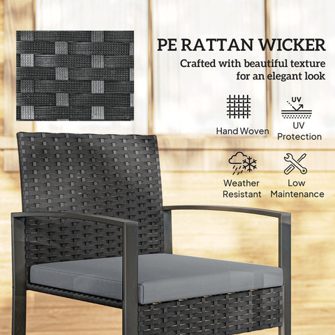 Black pe rattan wicker armchair with gray cushion and metal frame from outsunny rattan bistro set for outdoor use