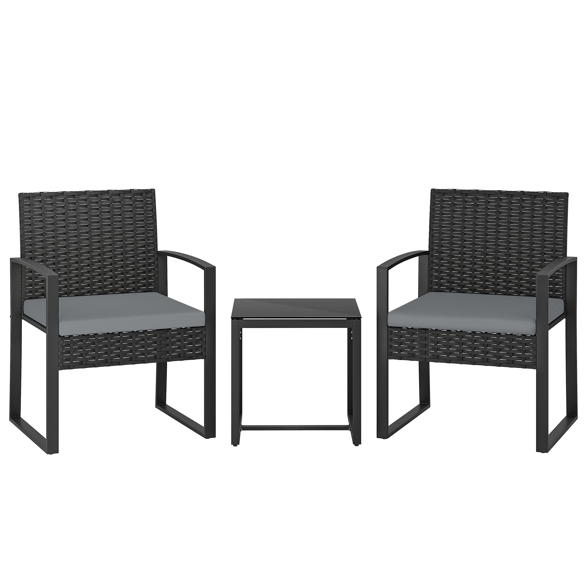 Black wicker outsunny rattan bistro set with gray cushions and glass top table perfect for outdoor use