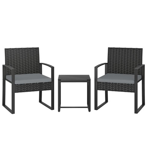 Black wicker outsunny rattan bistro set with gray cushions and glass top table perfect for outdoor use
