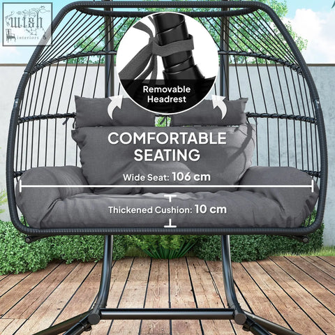 Outsunny rattan double hanging egg chair with dark grey woven wicker, gray cushions, chic rope, and removable headrests