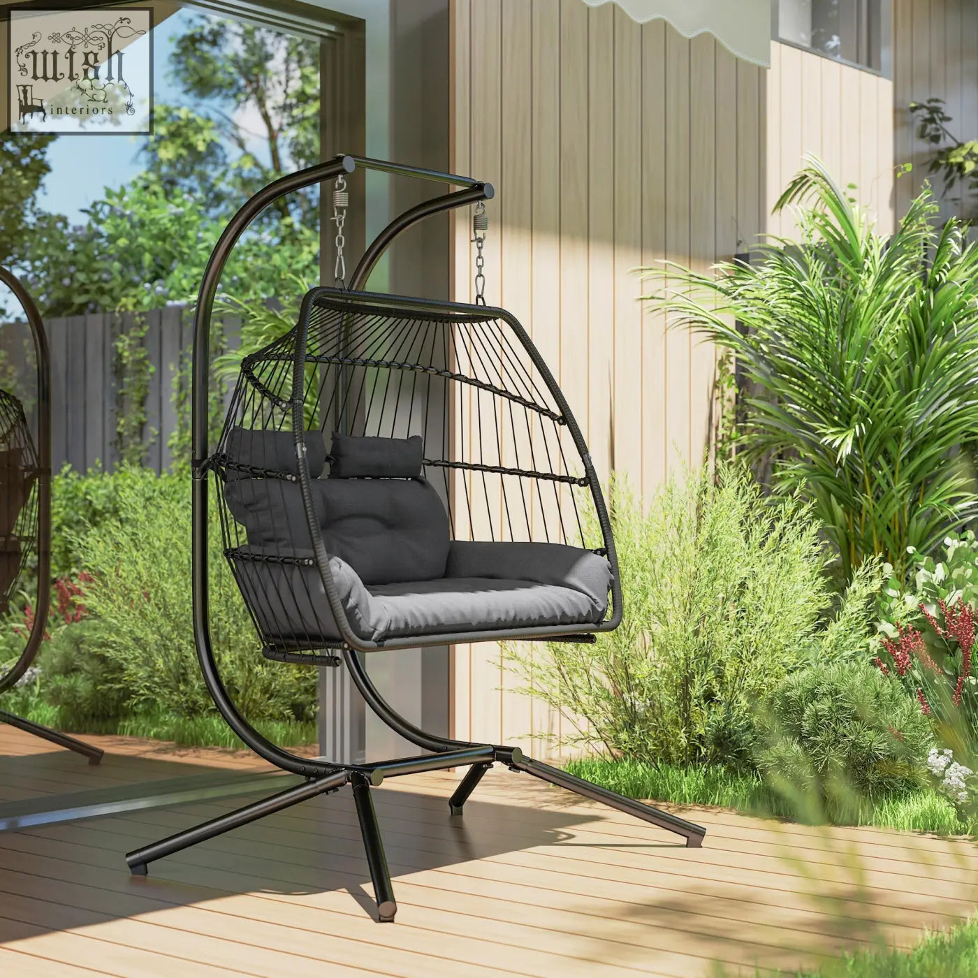 Black metal double egg chair with gray cushions and removable headrests featuring chic rope design and steel frame