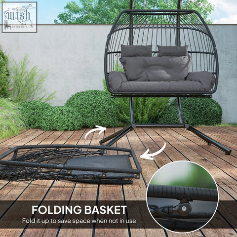 Outsunny rattan double hanging egg chair with chic rope design, removable headrests, dark grey cushions, and steel frame