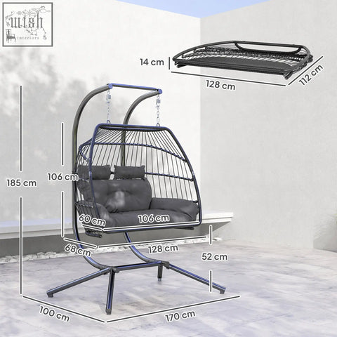 Outsunny rattan double hanging egg chair with black metal frame gray cushions chic rope and removable headrests