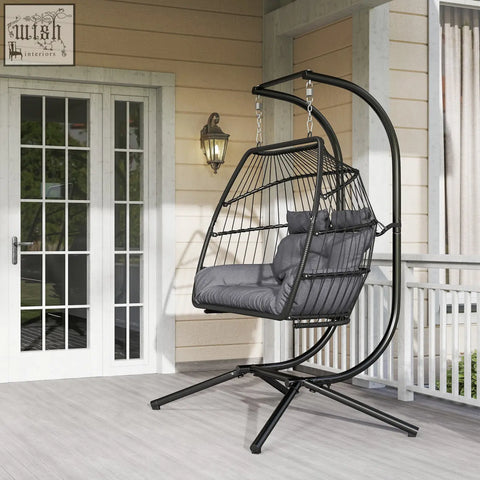 Black metal egg chair with gray cushioned seat and removable headrests featuring chic rope design for indoor outdoor use