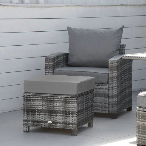 Gray woven wicker armchair with extra seating ottoman and cushion on metal frame for outdoor patio use