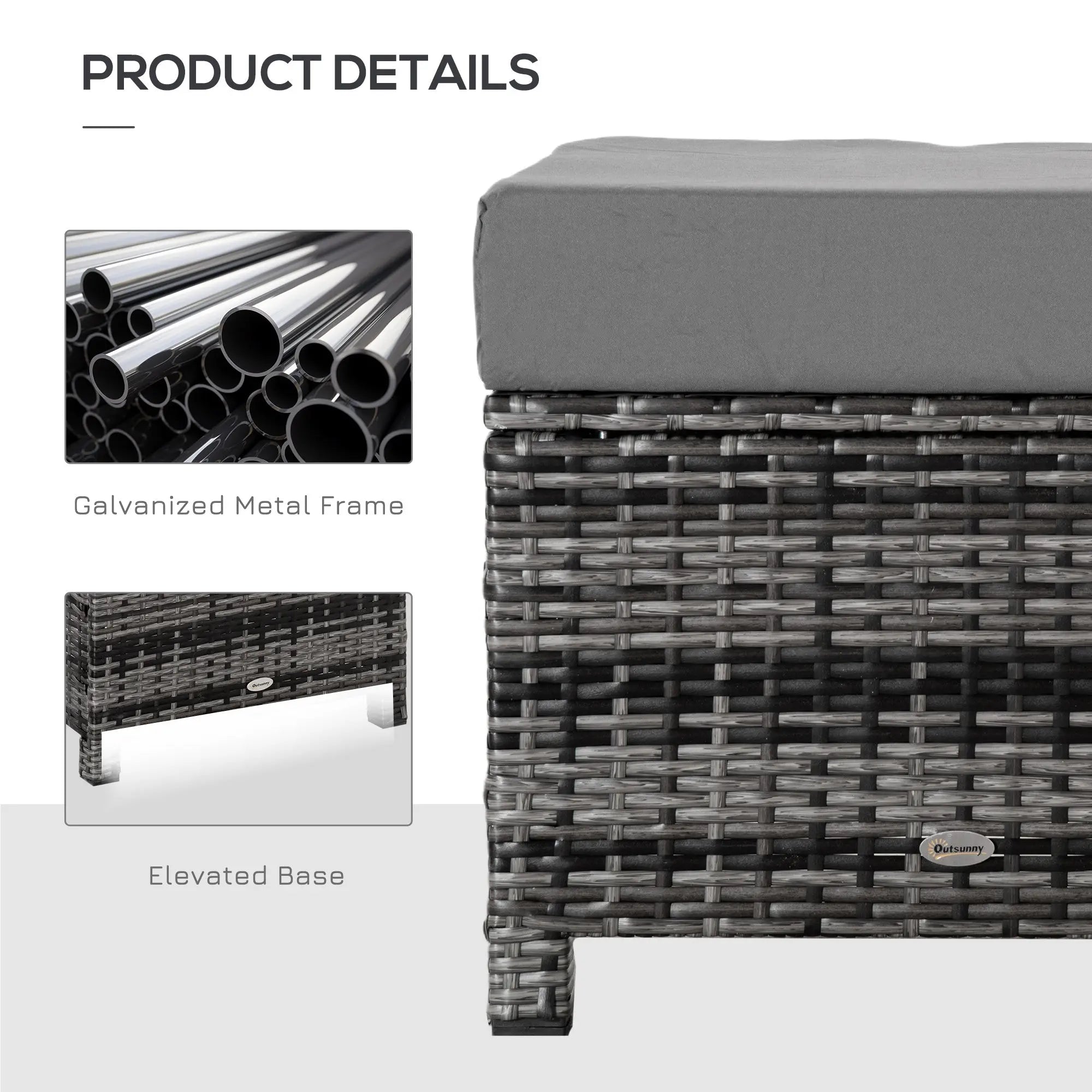 Gray woven wicker outdoor ottoman with metal frame and padded seat cushion for extra seating by garden or poolside