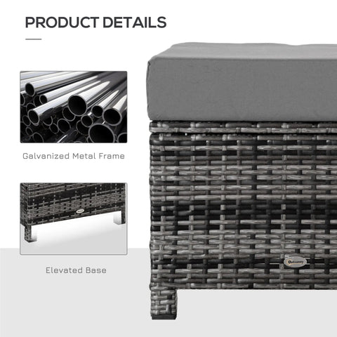 Gray woven wicker outdoor ottoman with metal frame and padded seat cushion for extra seating by garden or poolside
