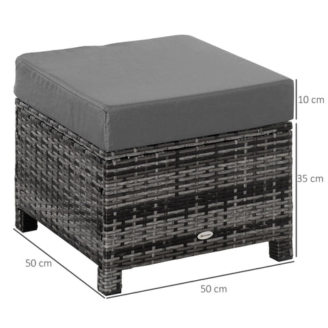 Gray cushioned outdoor ottoman with dark gray woven wicker frame and metal frame offering extra seating for patio or garden