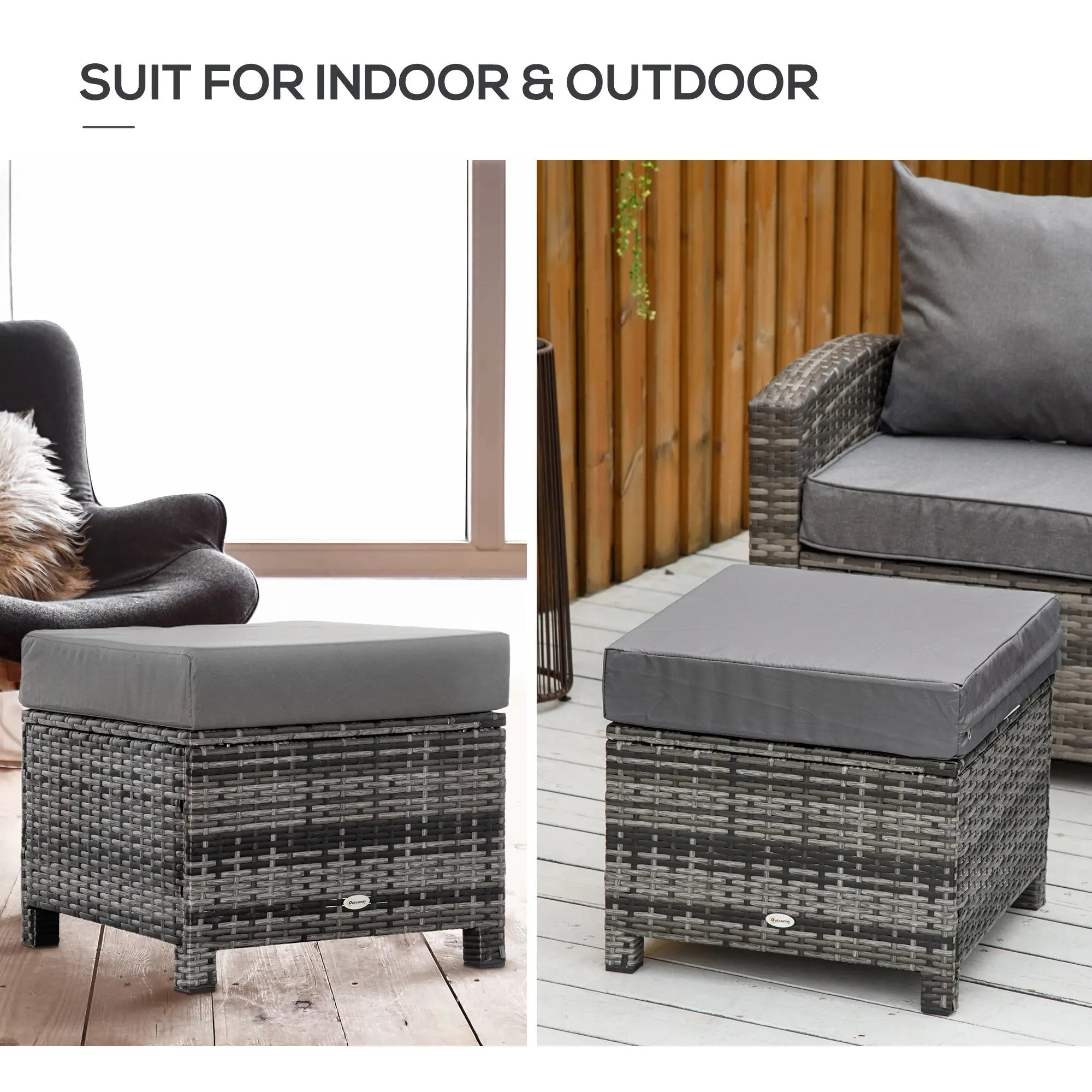 Gray woven rattan ottoman with metal frame and matching cushion offering extra seating for outdoor patio or garden use